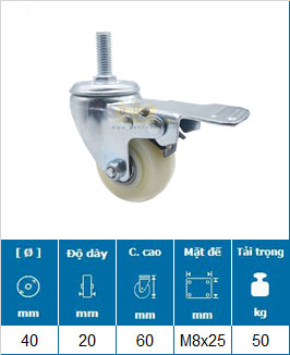 Bánh Xe Nylon Trắng Cọc Ren D40 Tải Nhẹ 7 banh xe nylon trang coc ren d40 xoay khoa m8 25 tai nhe 2