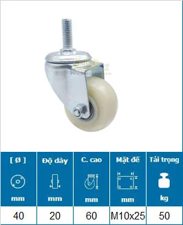 Bánh Xe Nylon Trắng Cọc Ren D40 Tải Nhẹ 13 banh xe nylon trang coc ren d40 xoay m10 25 tai nhe 2