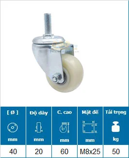Bánh Xe Nylon Trắng Cọc Ren D40 Tải Nhẹ 8 banh xe nylon trang coc ren d40 xoay tai nhe 2