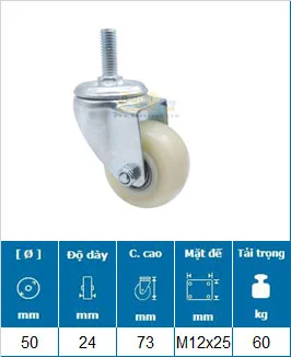 Bánh Xe Nylon Trắng Cọc Ren D40 Tải Nhẹ 15 banh xe nylon trang d50 coc ren xoay khoa m12 25 tai nhe 2