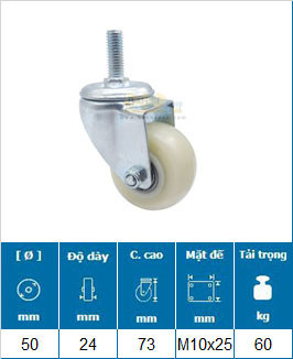 Bánh Xe Nylon Trắng Cọc Ren D40 Tải Nhẹ 9 banh xe nylon trang d50 coc ren xoay m10 25 tai nhe 2