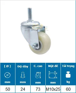 Bánh Xe Nylon Trắng Cọc Ren D40 Tải Nhẹ 6 banh xe nylon trang d50 coc ren xoay m10 25 tai nhe 2