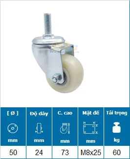 Bánh Xe Nylon Trắng Cọc Ren D40 Tải Nhẹ 11 banh xe nylon trang d50 coc ren xoay m8 25 tai nhe 2