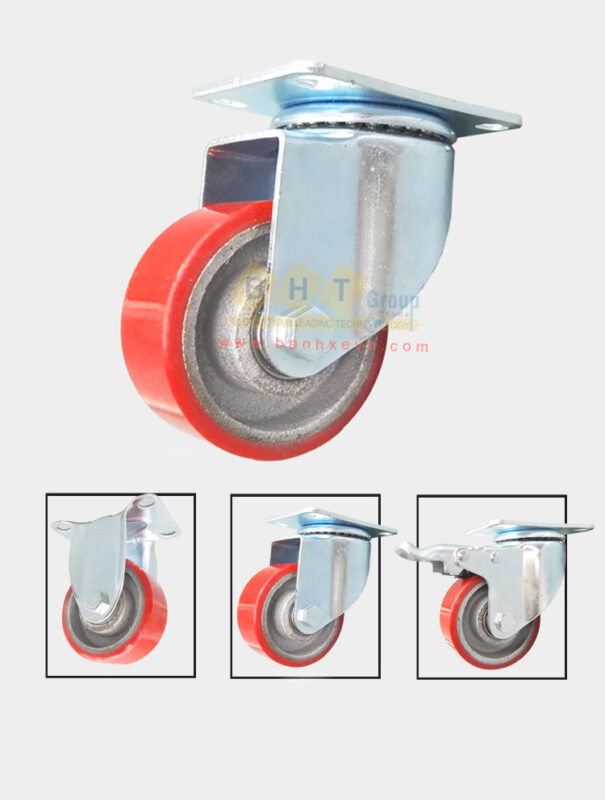 Bánh Xe PU Gang Đỏ D75/100 Mặt Bích Càng Thép Tải Nhẹ 17 Bánh Xe PU Gang Đỏ D75/100 Mặt Bích Càng Thép Tải Nhẹ