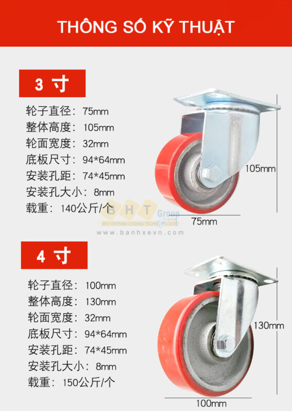 Bánh Xe PU Gang Đỏ D75/100 Mặt Bích Càng Thép Tải Nhẹ 19 Bánh Xe PU Gang Đỏ D75/100 Mặt Bích Càng Thép Tải Nhẹ