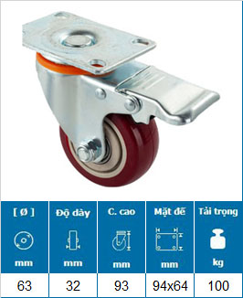 Bánh Xe PU Mận Đỏ D63/75/100/125 Mặt Bích Tải Nhẹ 27 Bánh Xe PU Mận Đỏ D63/75/100/125 Mặt Bích Tải Nhẹ