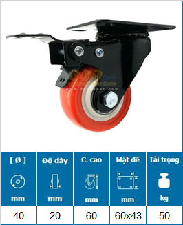 Bánh Xe PU Mầu Cam D40/50 Càng Thép Mặt Bích Tải Nhẹ 25 banh-xe-pu-mau-cam-mat-bich-d40-tinh-tai-nhe-gia-re