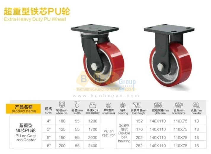 Bánh Xe PU Gang Tải Nặng D100/125/150/200 Càng Thép Chịu Mài Mòn 15 Bánh Xe PU Gang Tải Nặng D100/125/150/200 Càng Thép Chịu Mài Mòn