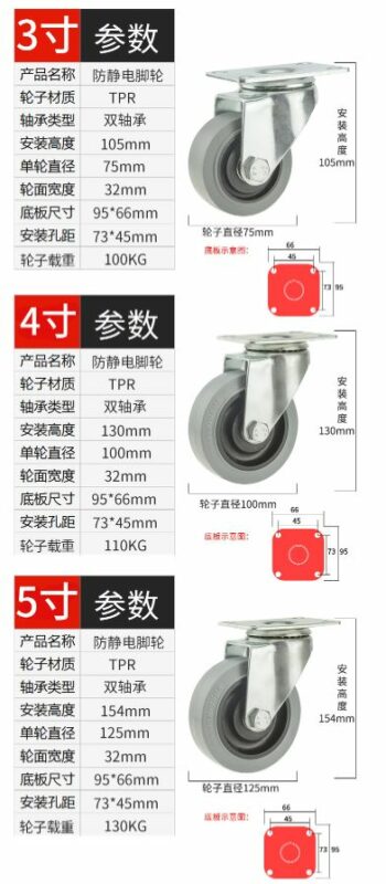 Bánh Xe TPR Xám Chống Tĩnh Điện D75/100/125 Càng Thép