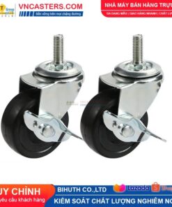 Bánh xe Cao su đen không bi càng thép cọc ren tải nhẹ ROX-002-RB-BL-S