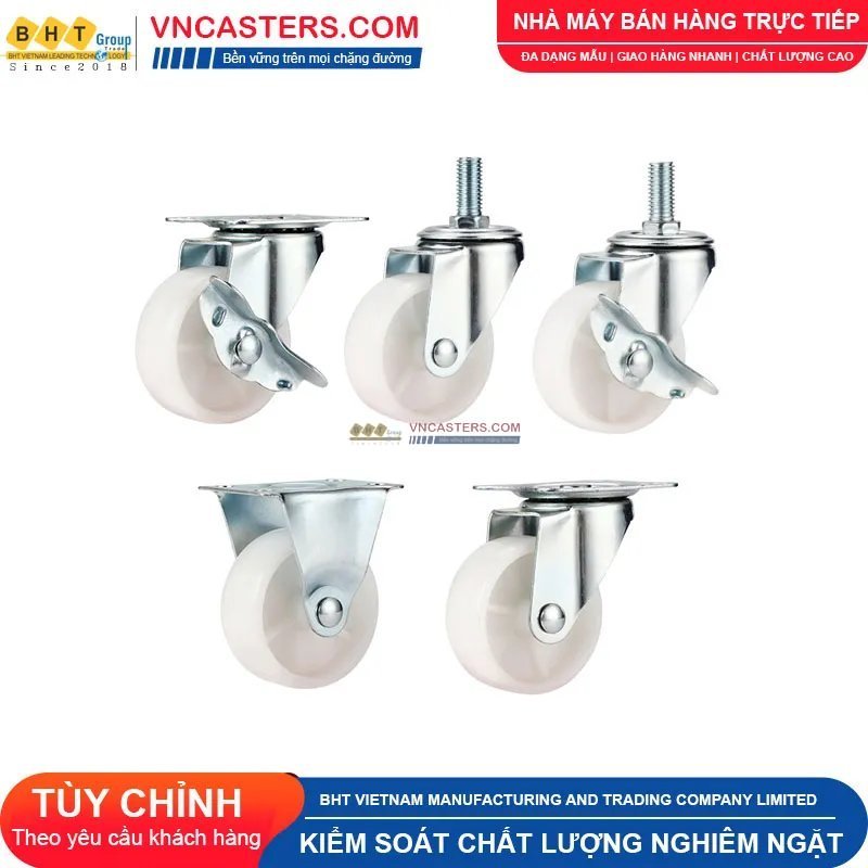 Bánh xe nhựa PP trắng không bi càng thép mặt bích tải nhẹ ROX-001-PP-WT-F 2 Bánh xe nhựa PP trắng không bi càng thép mặt bích tải nhẹ ROX-001-PP-WT-F