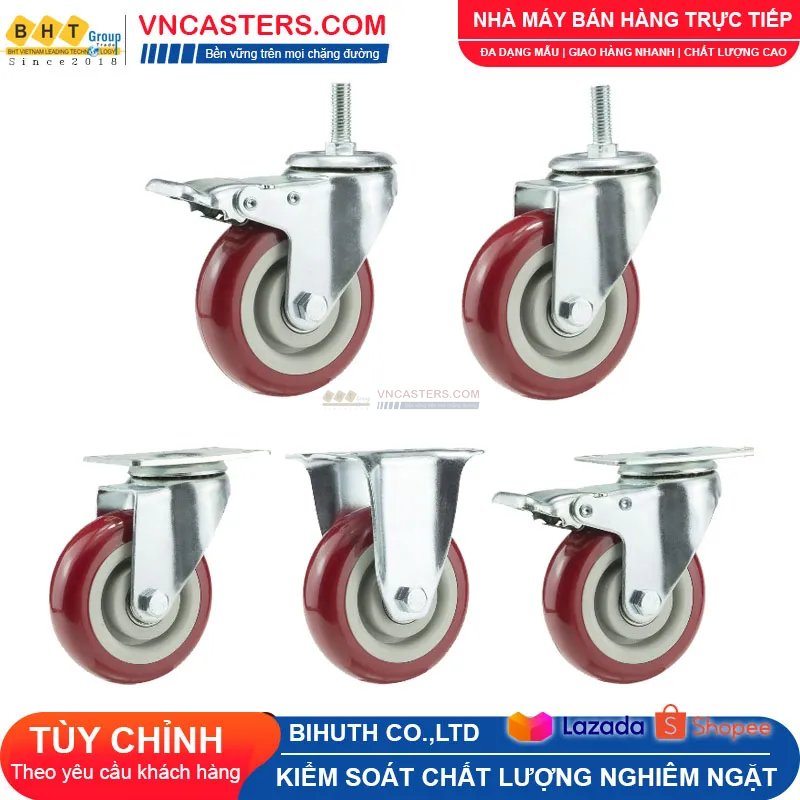Bánh xe PVC mận đỏ bi đôi càng thép mặt bích tải nhẹ ROX-005-PVC-PR-F 2 Bánh xe PVC mận đỏ bi đôi càng thép mặt bích tải nhẹ ROX-005-PVC-PR-F