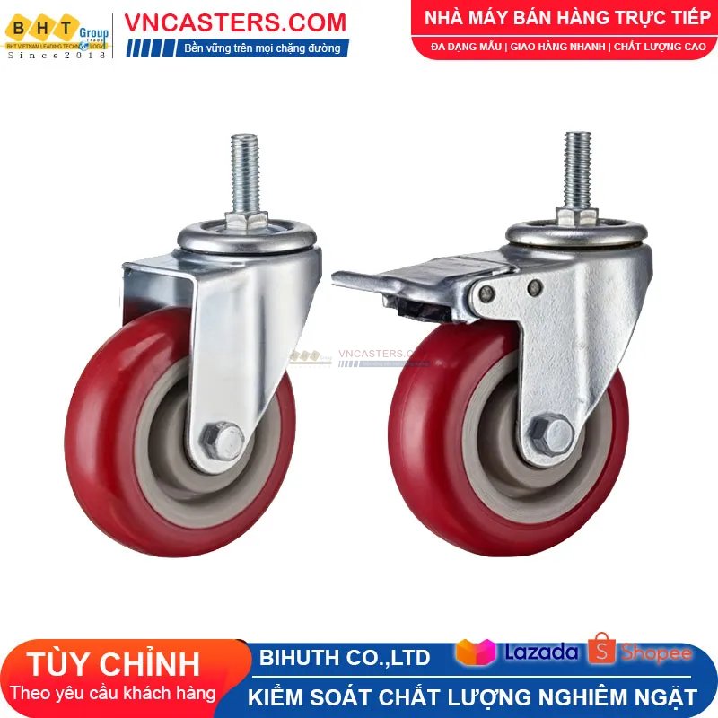 Bánh xe PVC mận đỏ bi đôi càng thép cọc ren tải nhẹ ROX-005-PVC-PR-S 2 Bánh xe PVC mận đỏ bi đôi càng thép cọc ren tải nhẹ ROX-005-PVC-PR-S