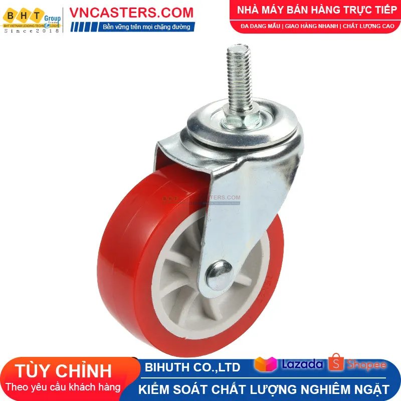 Bánh xe PVC đỏ không bi càng thép cọc ren tải nhẹ ROX-003-PVC-RE-S 3 Bánh xe PVC đỏ không bi càng thép cọc ren tải nhẹ ROX-003-PVC-RE-S