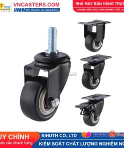 Bánh xe PVC đen viền bi đôi càng thép cọc ren tải nhẹ ROX-004-PVC-BL-S