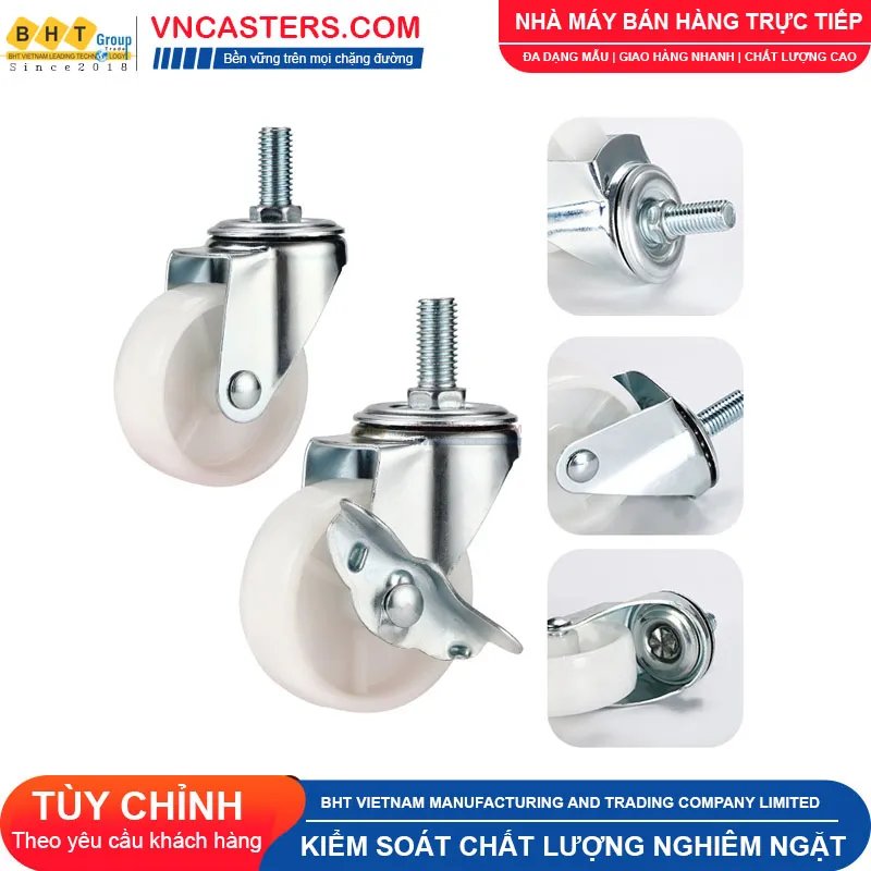 Bánh xe nhựa PP trắng không bi càng thép cọc ren tải nhẹ ROX-001-PP-WT-S 3 Bánh xe nhựa PP trắng không bi càng thép cọc ren tải nhẹ ROX-001-PP-WT-S