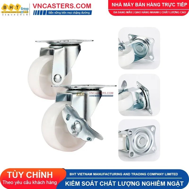 Bánh xe nhựa PP trắng không bi càng thép mặt bích tải nhẹ ROX-001-PP-WT-F 3 Bánh xe nhựa PP trắng không bi càng thép mặt bích tải nhẹ ROX-001-PP-WT-F