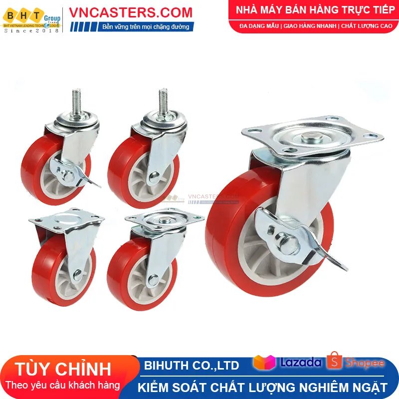 Bánh xe PVC đỏ không bi càng thép cọc ren tải nhẹ ROX-003-PVC-RE-S 4 Bánh xe PVC đỏ không bi càng thép cọc ren tải nhẹ ROX-003-PVC-RE-S