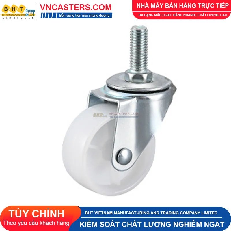 Bánh xe nhựa PP trắng không bi càng thép cọc ren tải nhẹ ROX-001-PP-WT-S 4 Bánh xe nhựa PP trắng không bi càng thép cọc ren tải nhẹ ROX-001-PP-WT-S