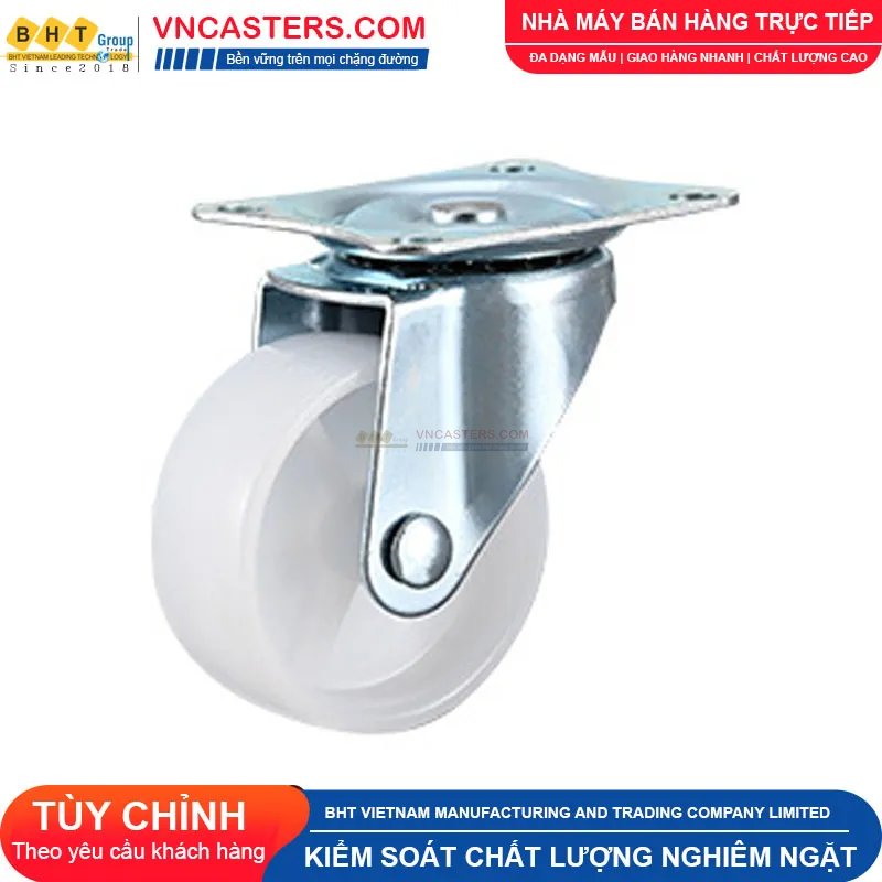 Bánh xe nhựa PP trắng không bi càng thép mặt bích tải nhẹ ROX-001-PP-WT-F 4 Bánh xe nhựa PP trắng không bi càng thép mặt bích tải nhẹ ROX-001-PP-WT-F