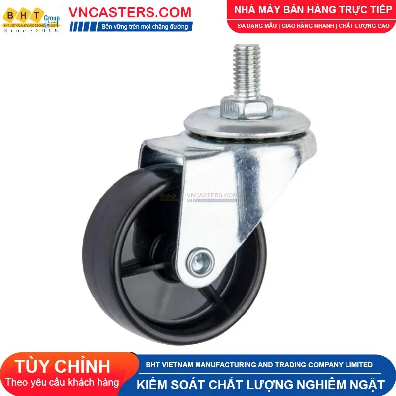 Bánh xe nhựa PP đen không bi càng thép cọc ren tải nhẹ ROX-001-PP-BL-S 4 Bánh xe nhựa PP đen không bi càng thép cọc ren tải nhẹ ROX-001-PP-BL-S