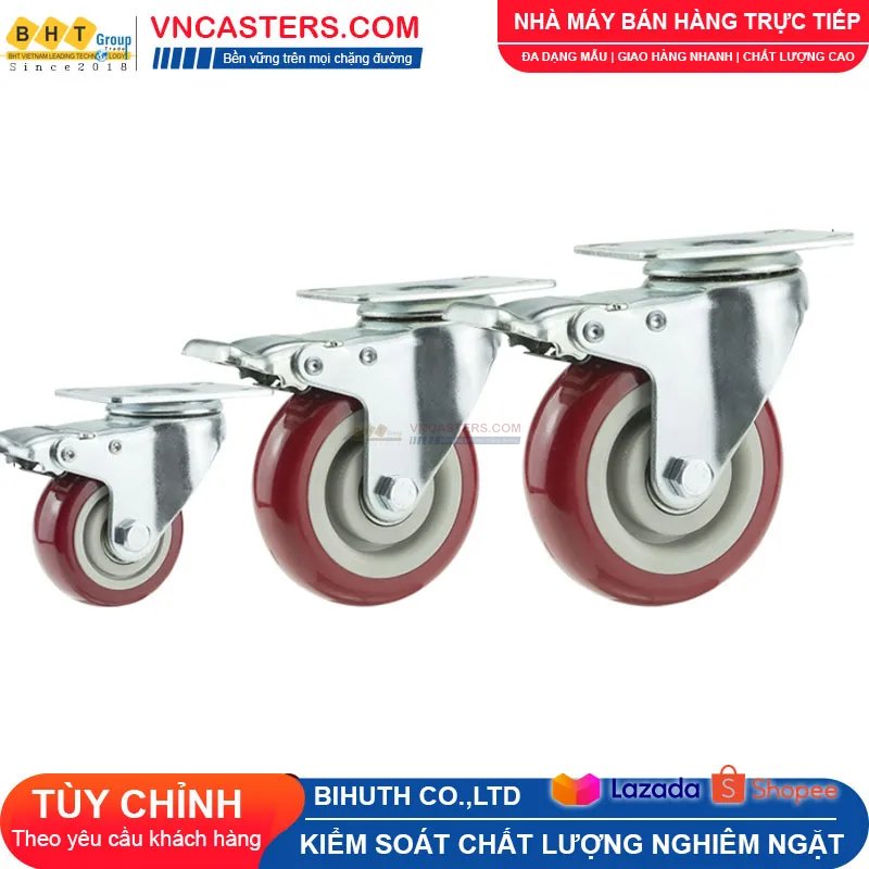 Bánh xe PVC mận đỏ bi đôi càng thép mặt bích tải nhẹ ROX-005-PVC-PR-F 4 Bánh xe PVC mận đỏ bi đôi càng thép mặt bích tải nhẹ ROX-005-PVC-PR-F