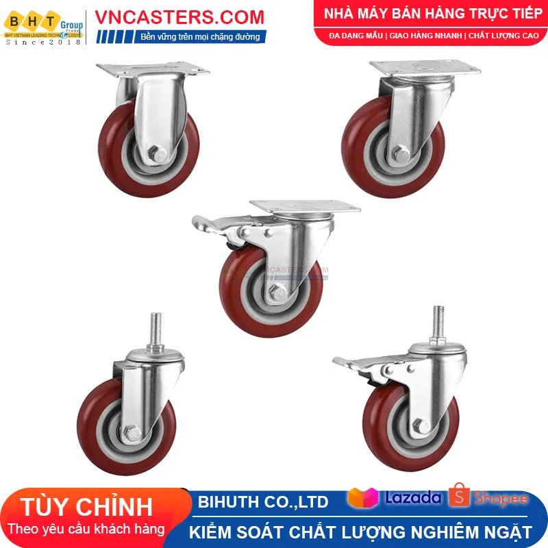 Bánh xe PVC mận đỏ bi đôi càng thép cọc ren tải nhẹ ROX-005-PVC-PR-S 5 Bánh xe PVC mận đỏ bi đôi càng thép cọc ren tải nhẹ ROX-005-PVC-PR-S