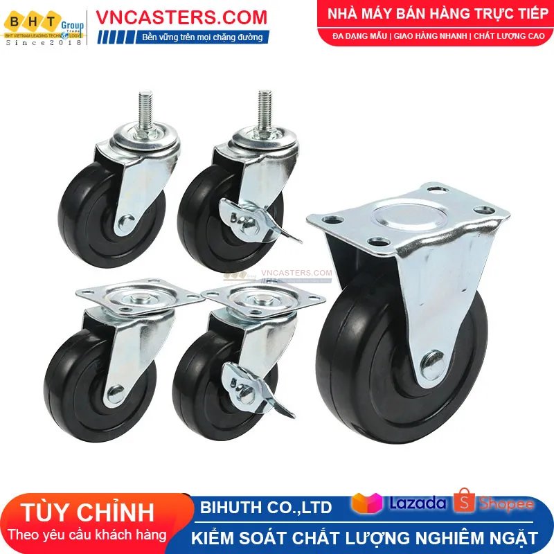 Bánh xe Cao su đen không bi càng thép cọc ren tải nhẹ BHTVN-P28 6 Bánh xe Cao su đen không bi càng thép cọc ren tải nhẹ BHTVN-P28