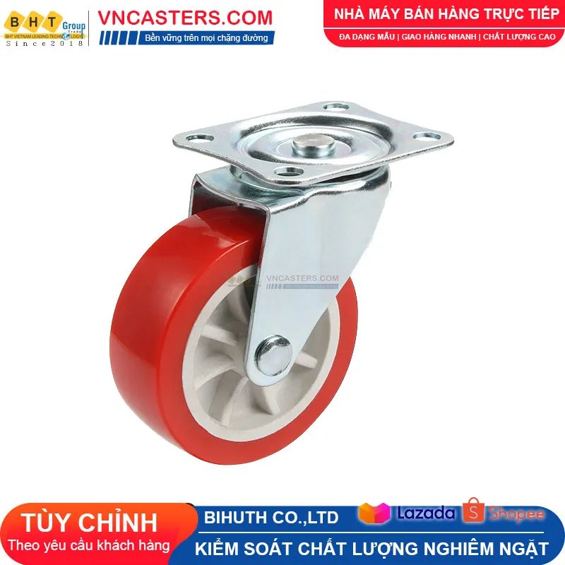 Bánh xe PVC đỏ không bi càng thép mặt bích tải nhẹ ROX-003-PVC-RE-F 6 Bánh xe PVC đỏ không bi càng thép mặt bích tải nhẹ ROX-003-PVC-RE-F