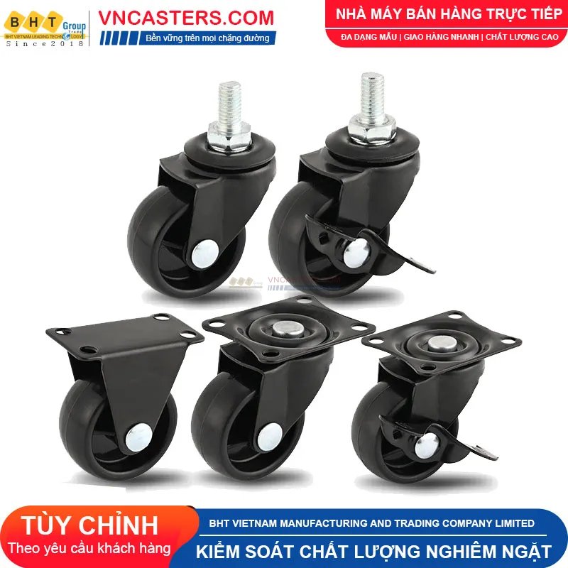 Bánh xe nhựa PP đen không bi càng thép cọc ren tải nhẹ ROX-001-PP-BL-S 6 Bánh xe nhựa PP đen không bi càng thép cọc ren tải nhẹ ROX-001-PP-BL-S