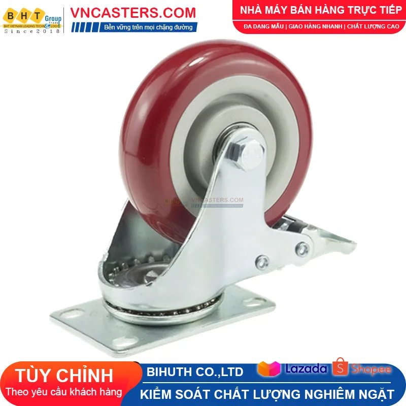 Bánh xe PVC mận đỏ bi đôi càng thép mặt bích tải nhẹ ROX-005-PVC-PR-F 7 Bánh xe PVC mận đỏ bi đôi càng thép mặt bích tải nhẹ ROX-005-PVC-PR-F