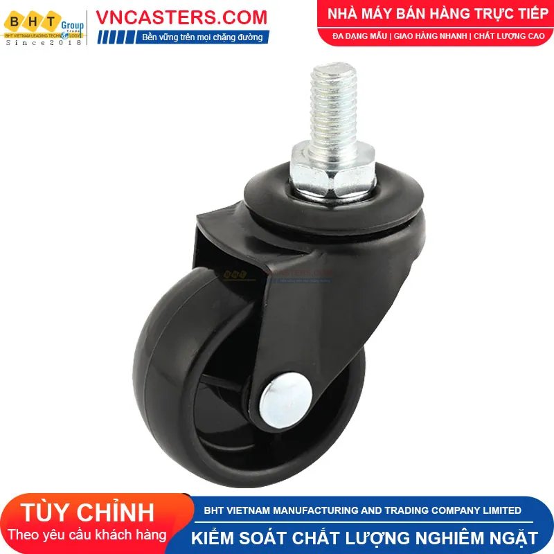 Bánh xe nhựa PP đen không bi càng thép cọc ren tải nhẹ ROX-001-PP-BL-S 8 Bánh xe nhựa PP đen không bi càng thép cọc ren tải nhẹ ROX-001-PP-BL-S