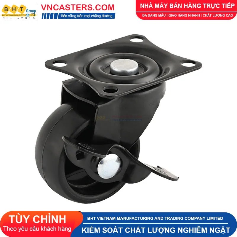 Bánh xe nhựa PP đen không bi càng thép mặt bích tải nhẹ ROX-001-PP-BL-F 8 Bánh xe nhựa PP đen không bi càng thép mặt bích tải nhẹ ROX-001-PP-BL-F