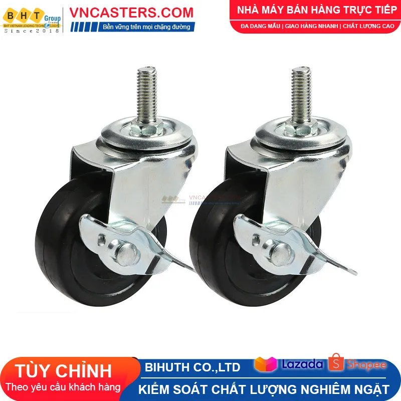 Bánh xe Cao su đen không bi càng thép cọc ren tải nhẹ BHTVN-P28 1 Bánh xe Cao su đen không bi càng thép cọc ren tải nhẹ BHTVN-P28