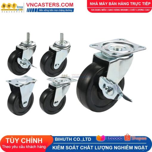 Bánh xe Cao su đen không bi càng thép mặt bích tải nhẹ ROX-002-RB-BL-F