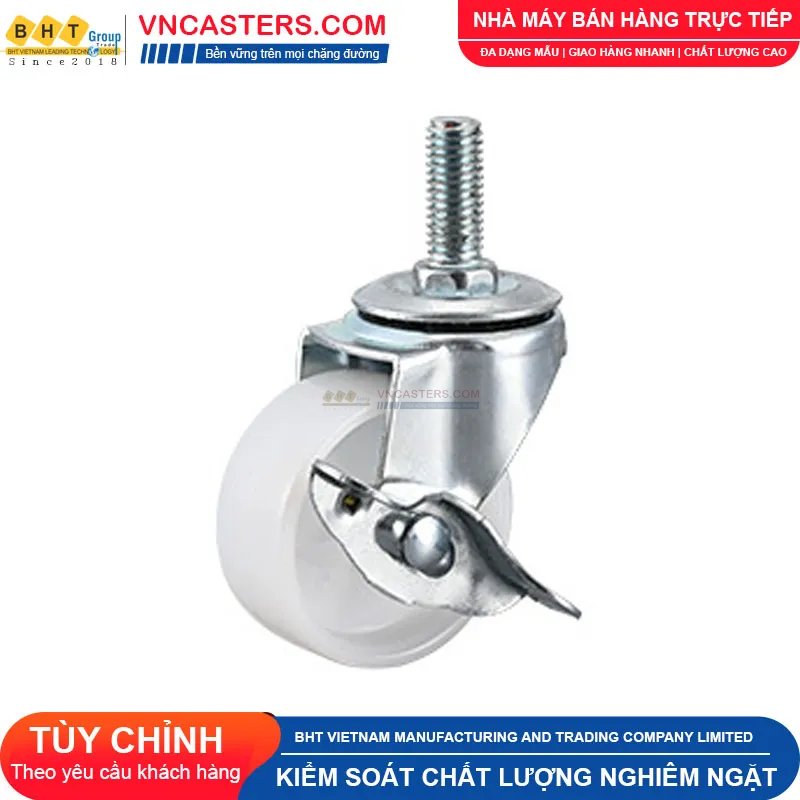Bánh xe nhựa PP trắng không bi càng thép cọc ren tải nhẹ ROX-001-PP-WT-S 1 Bánh xe nhựa PP trắng không bi càng thép cọc ren tải nhẹ ROX-001-PP-WT-S