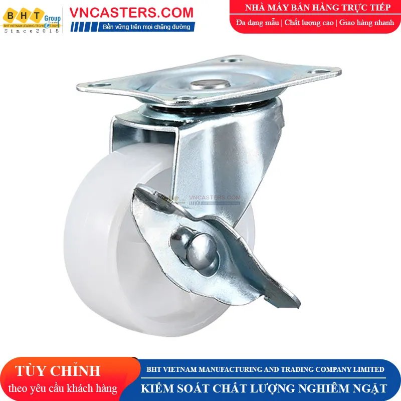 Bánh xe nhựa PP trắng không bi càng thép mặt bích tải nhẹ ROX-001-PP-WT-F 1 Bánh xe nhựa PP trắng không bi càng thép mặt bích tải nhẹ ROX-001-PP-WT-F