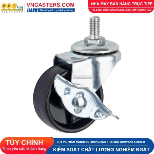 Bánh xe nhựa PP đen không bi càng thép cọc ren tải nhẹ ROX-001-PP-BL-S