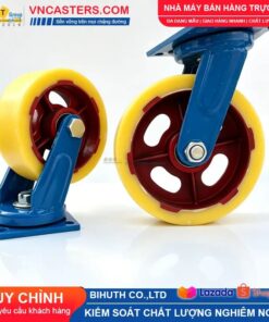 Bánh xe Nylon vàng kem lõi thép bi đôi càng thép sơn xanh mặt bích tải nặng ROX-150-PA-CY-F