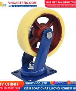 Bánh xe Nylon vàng kem lõi thép bi đôi càng thép sơn xanh mặt bích tải nặng ROX-150-PA-CY-F