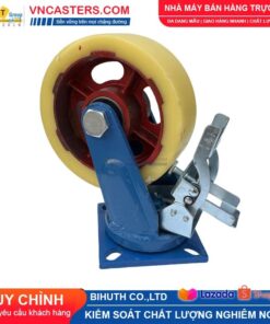 Bánh xe Nylon vàng kem lõi thép bi đôi càng thép sơn xanh mặt bích tải nặng ROX-150-PA-CY-F