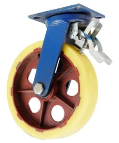 Bánh xe Nylon vàng kem lõi thép bi đôi càng thép sơn xanh mặt bích tải nặng ROX-150-PA-CY-F