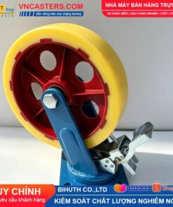 Bánh xe Nylon vàng kem lõi thép bi đôi càng thép sơn xanh mặt bích tải nặng ROX-150-PA-CY-F