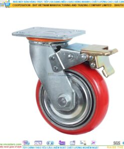 Bánh xe PU đỏ cốt gang bi thép đôi kiểu HQ càng thép mặt bích tải nặng ROX-104-PU-RE-F