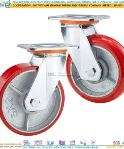 Bánh xe PU đỏ cốt gang bi thép đôi kiểu HQ càng thép mặt bích tải nặng ROX-104-PU-RE-F
