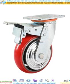 Bánh xe PU đỏ cốt gang bi thép đôi kiểu HQ càng thép mặt bích tải nặng ROX-104-PU-RE-F