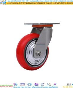 Bánh xe PU đỏ cốt gang bi thép đôi kiểu HQ càng thép mặt bích tải nặng ROX-104-PU-RE-F