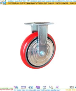 Bánh xe PU đỏ cốt gang bi thép đôi kiểu HQ càng thép mặt bích tải nặng ROX-104-PU-RE-F