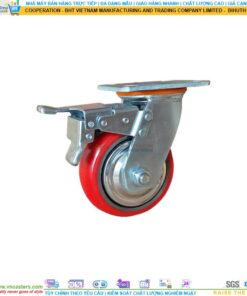 Bánh xe PU đỏ cốt gang bi thép đôi kiểu HQ càng thép mặt bích tải nặng ROX-104-PU-RE-F