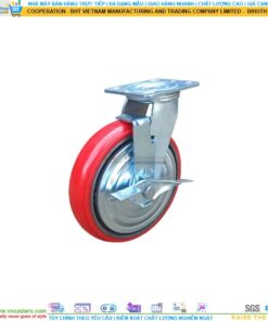 Bánh xe PU đỏ cốt gang bi thép đôi kiểu HQ càng thép mặt bích tải nặng ROX-104-PU-RE-F